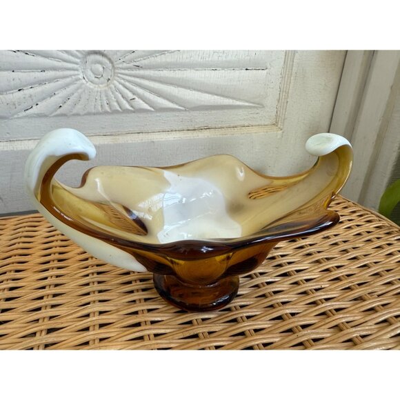Vintage MCM Midcentury Art Glass Dish/Bowl Amber and Milk Glass - Picture 1 of 13